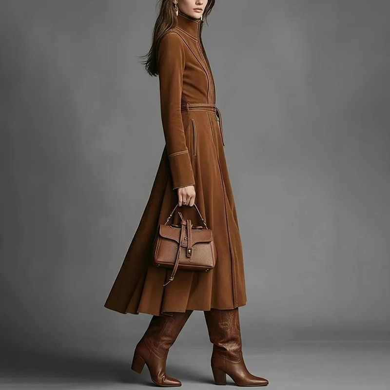 Vintage Suede Zip Waist Tie Midi Dress