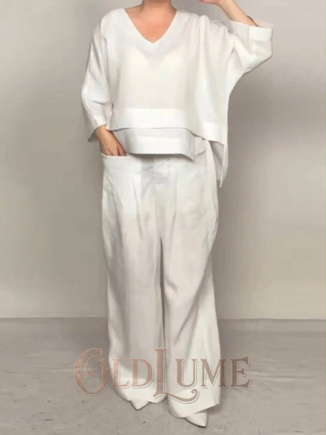 Women's Comfy Linen Blend Double Layer Design V-neck Top And Pants Two-piece Set