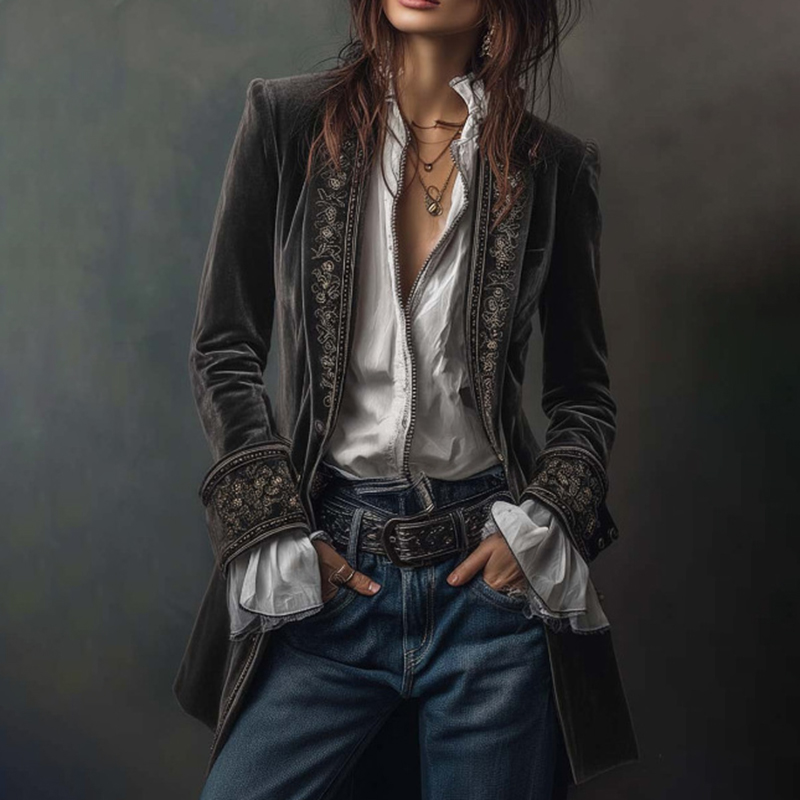 Vintage Long-sleeved Patchwork Lace Gold Velvet Jacket