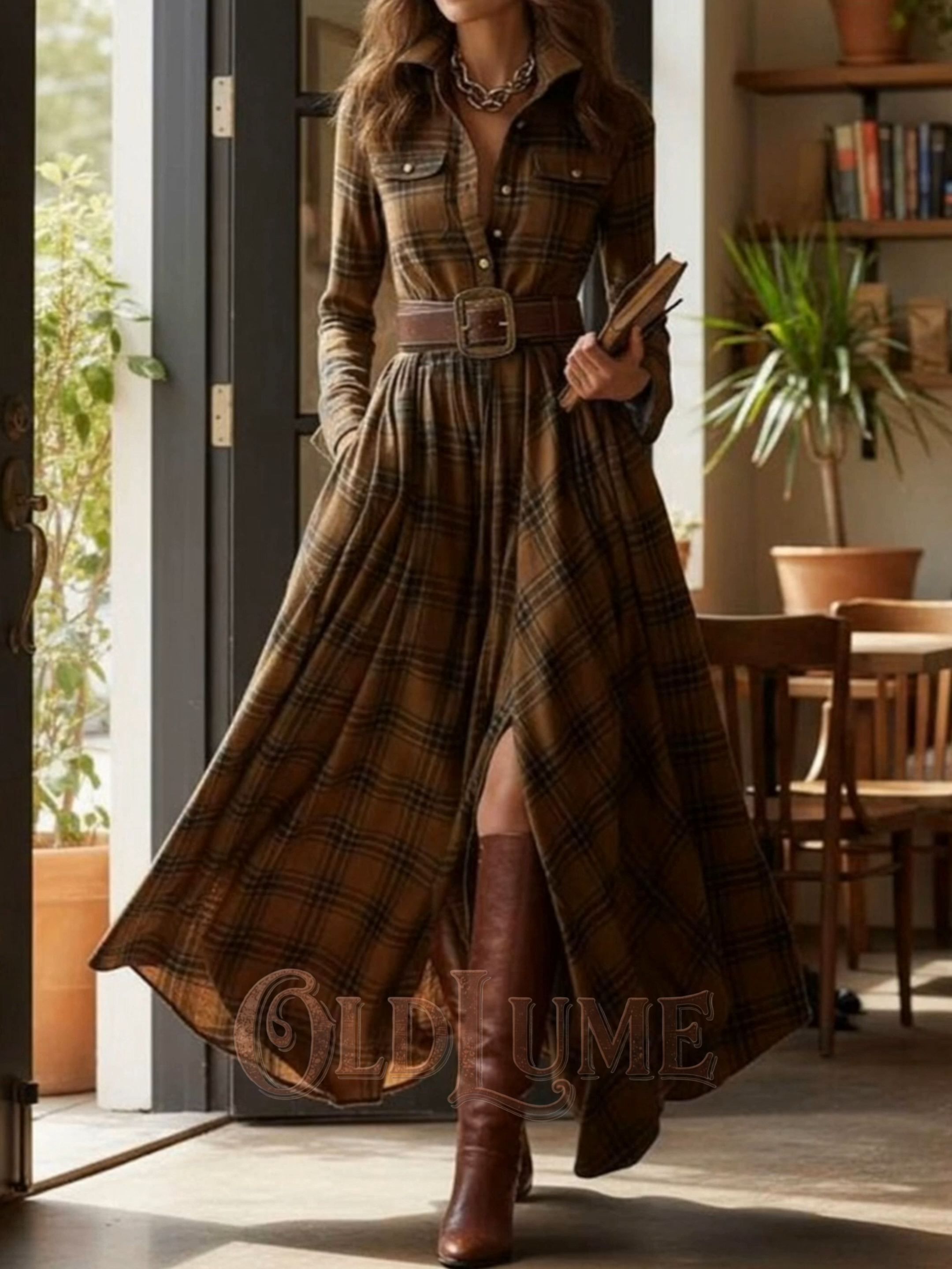 Vintage Khaki Plaid Inspired Belted Cottagecore Autumn Winter Long Sleeve Button-up Shirt Maxi Dress