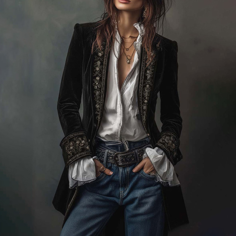 Vintage Long-sleeved Patchwork Lace Gold Velvet Jacket