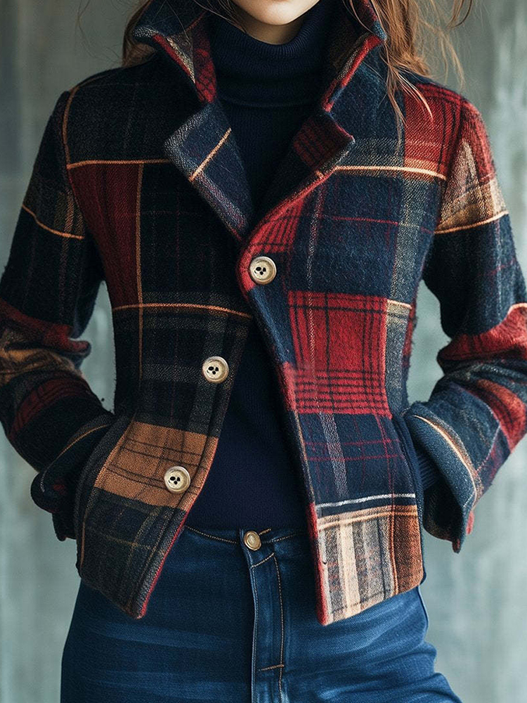 Chic Stand Collar Plaid Pattern Woolen Jacket