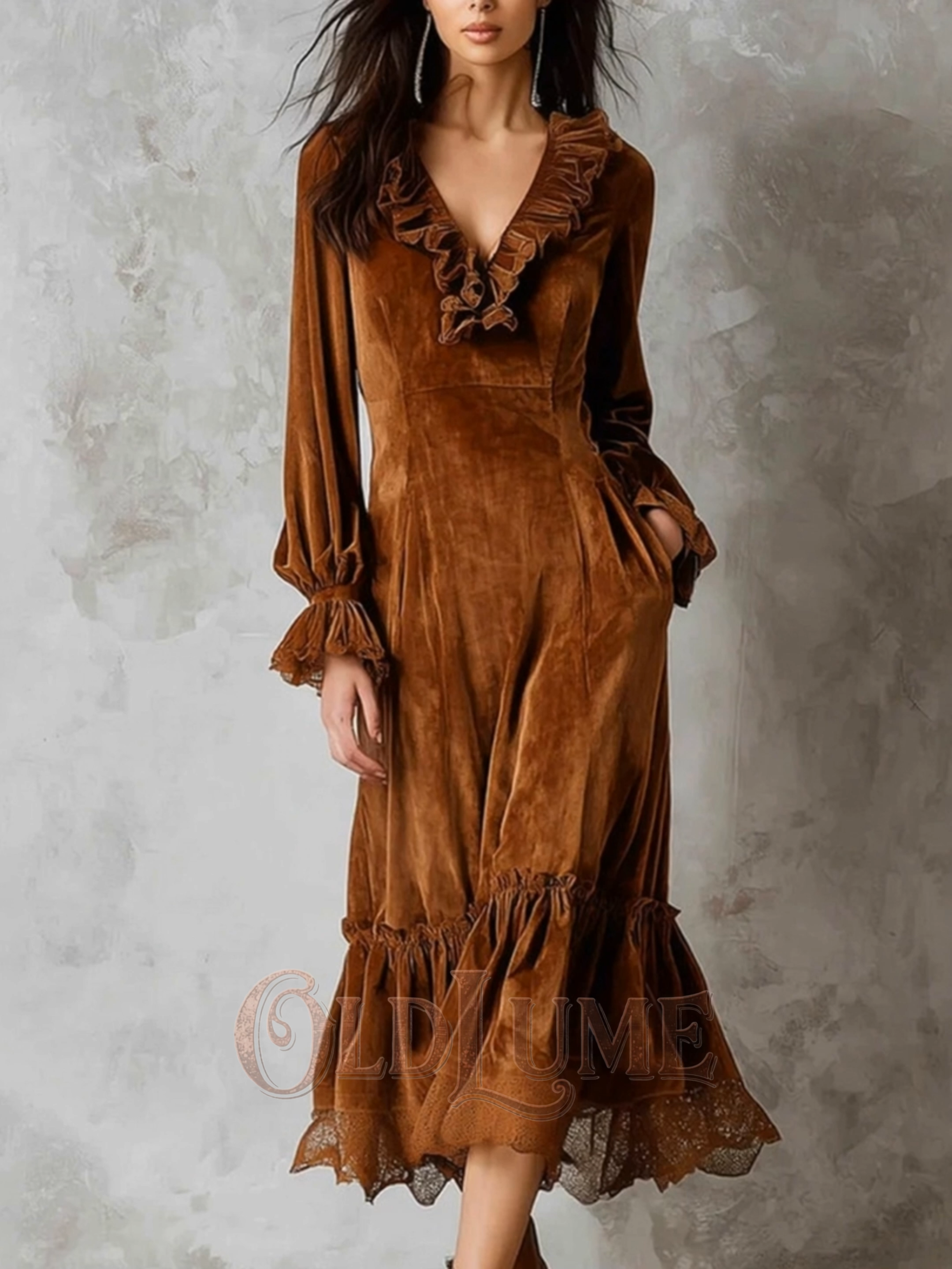 Vintage Lace Spliced ​​lantern Sleeve Ruffled Velvet Midi Dress