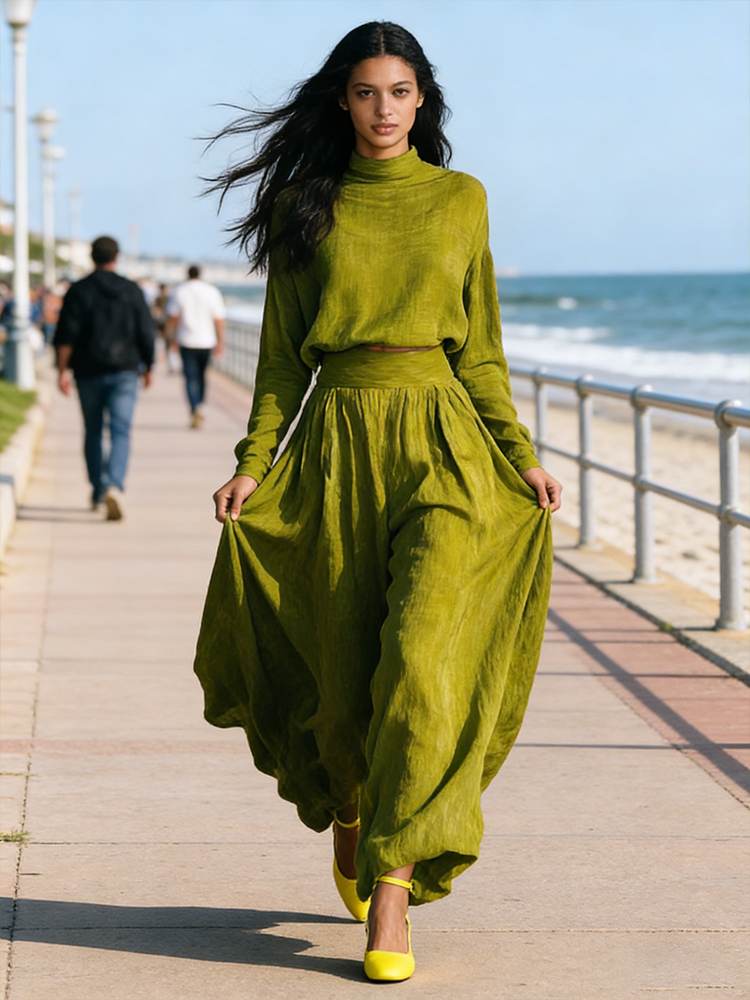 Vintage Classy Shirt & Skirt Flowy Linen Two Piece Set