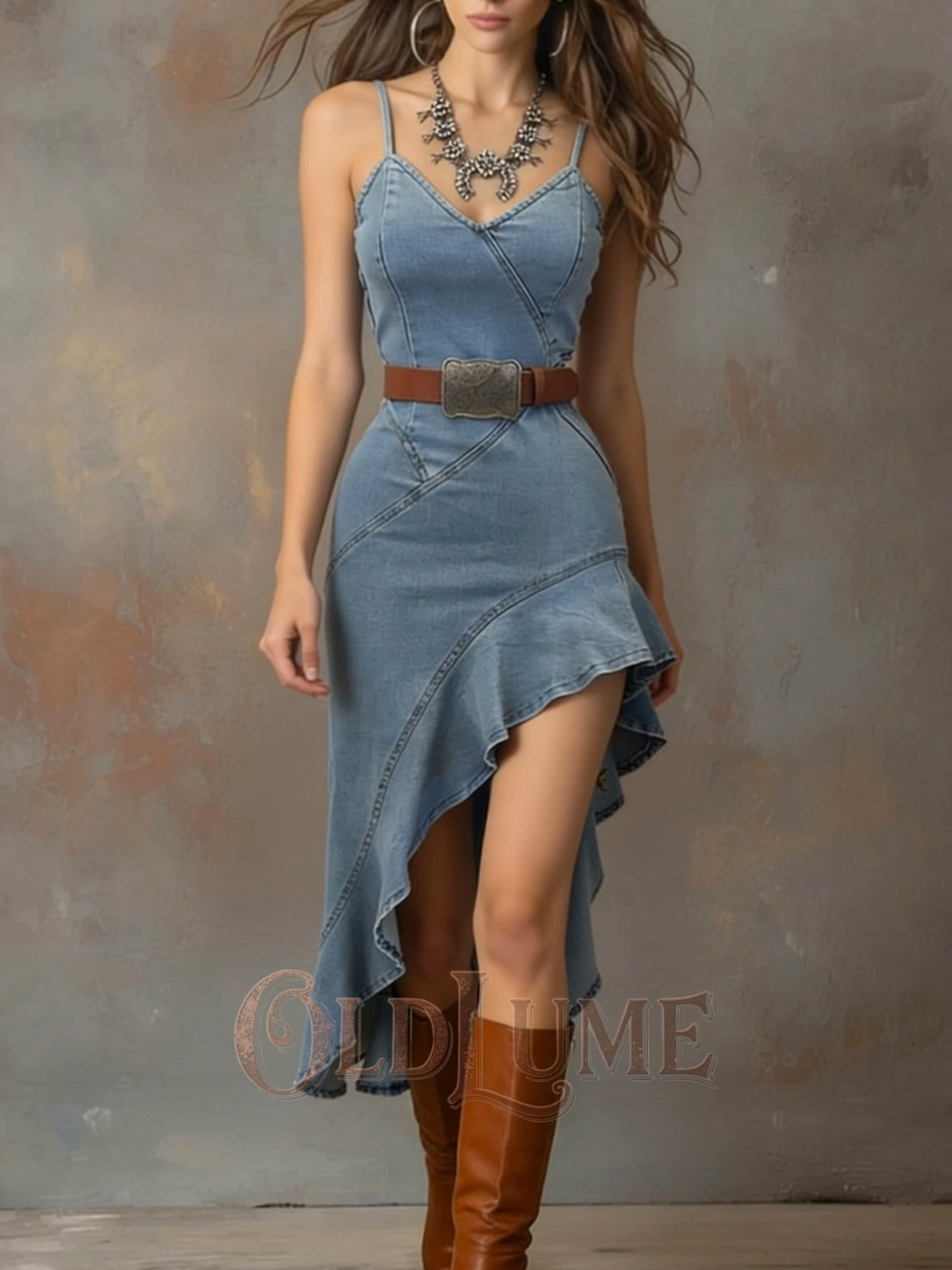 Vintage Denim Patchwork Suspender Dress