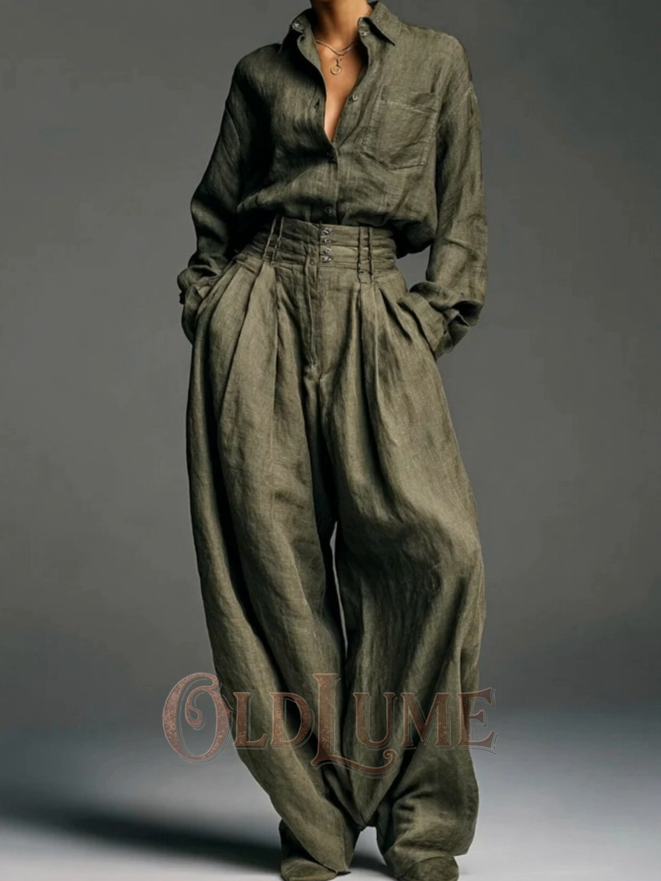 Vintage Classy Blouse & Trousers Linen Two Piece Set