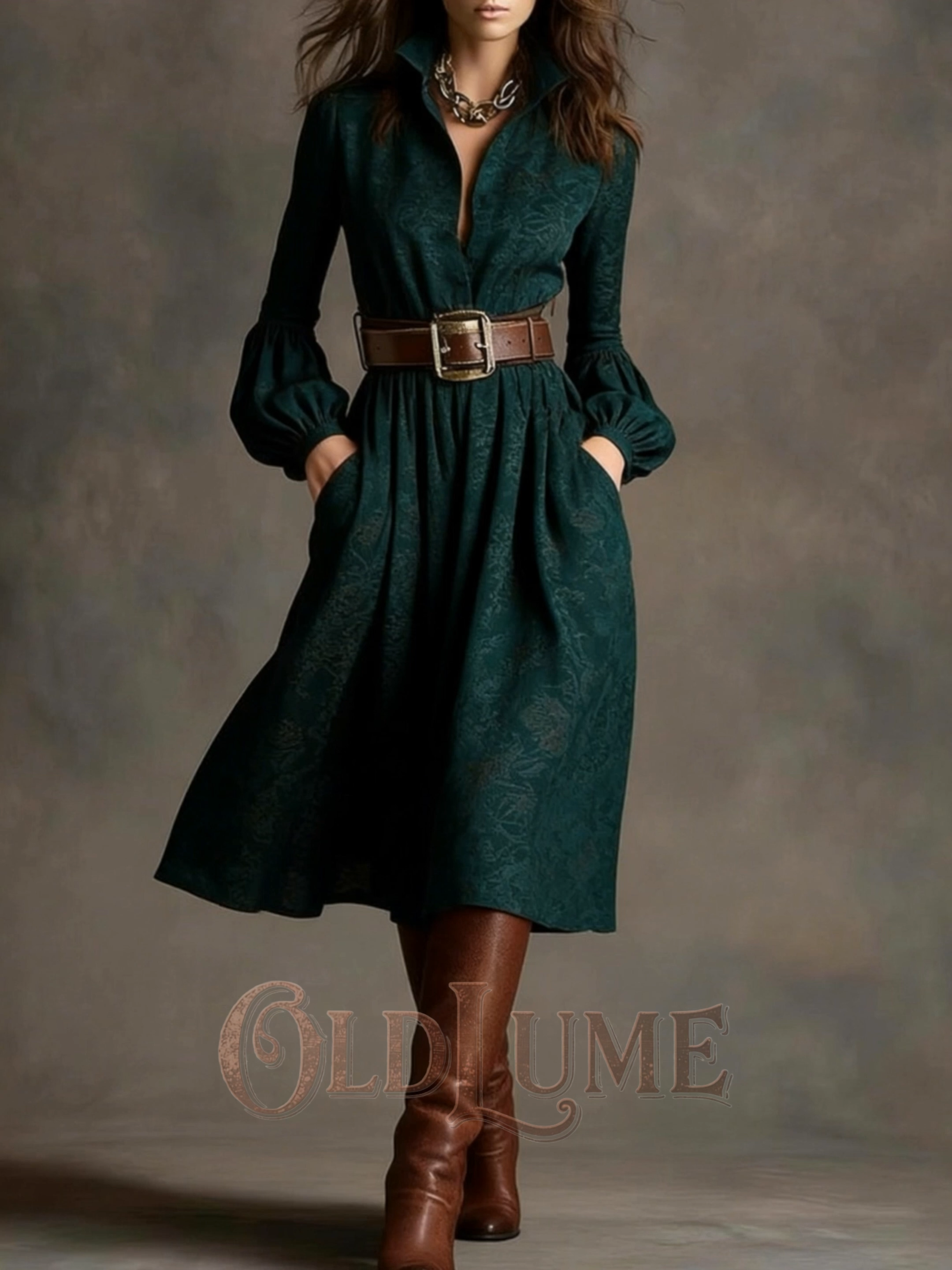Vintage Elegant Slim Fit Long Sleeve Midi Dress