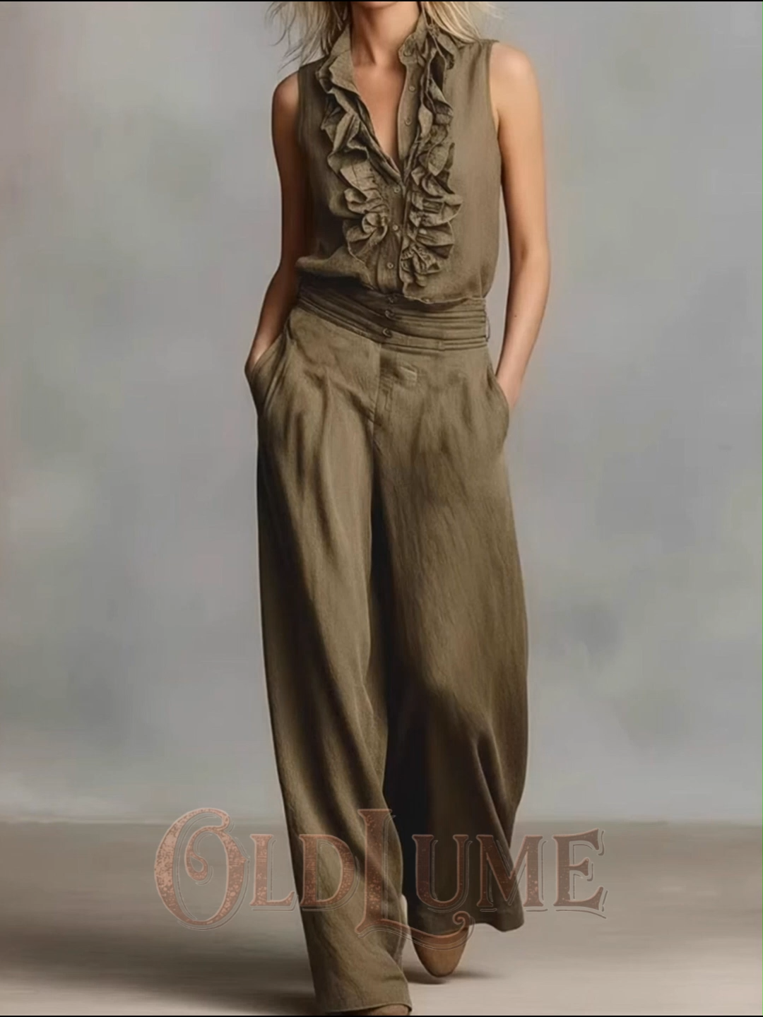 Simple Linen Blend Sleeveless Shirt And Wide-leg Pants Set