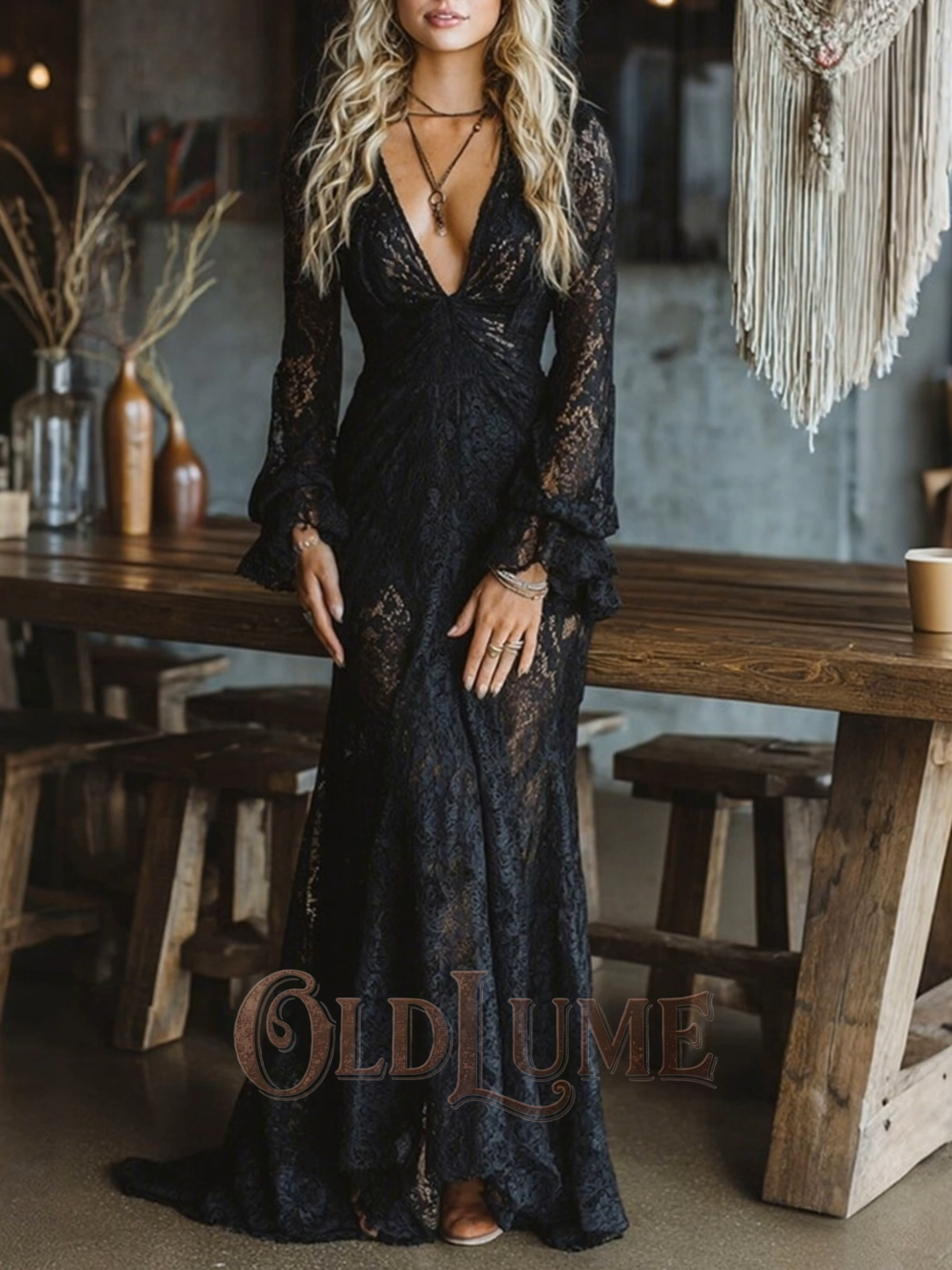 Women's Bohemian Lace V-neck Maxi Dress