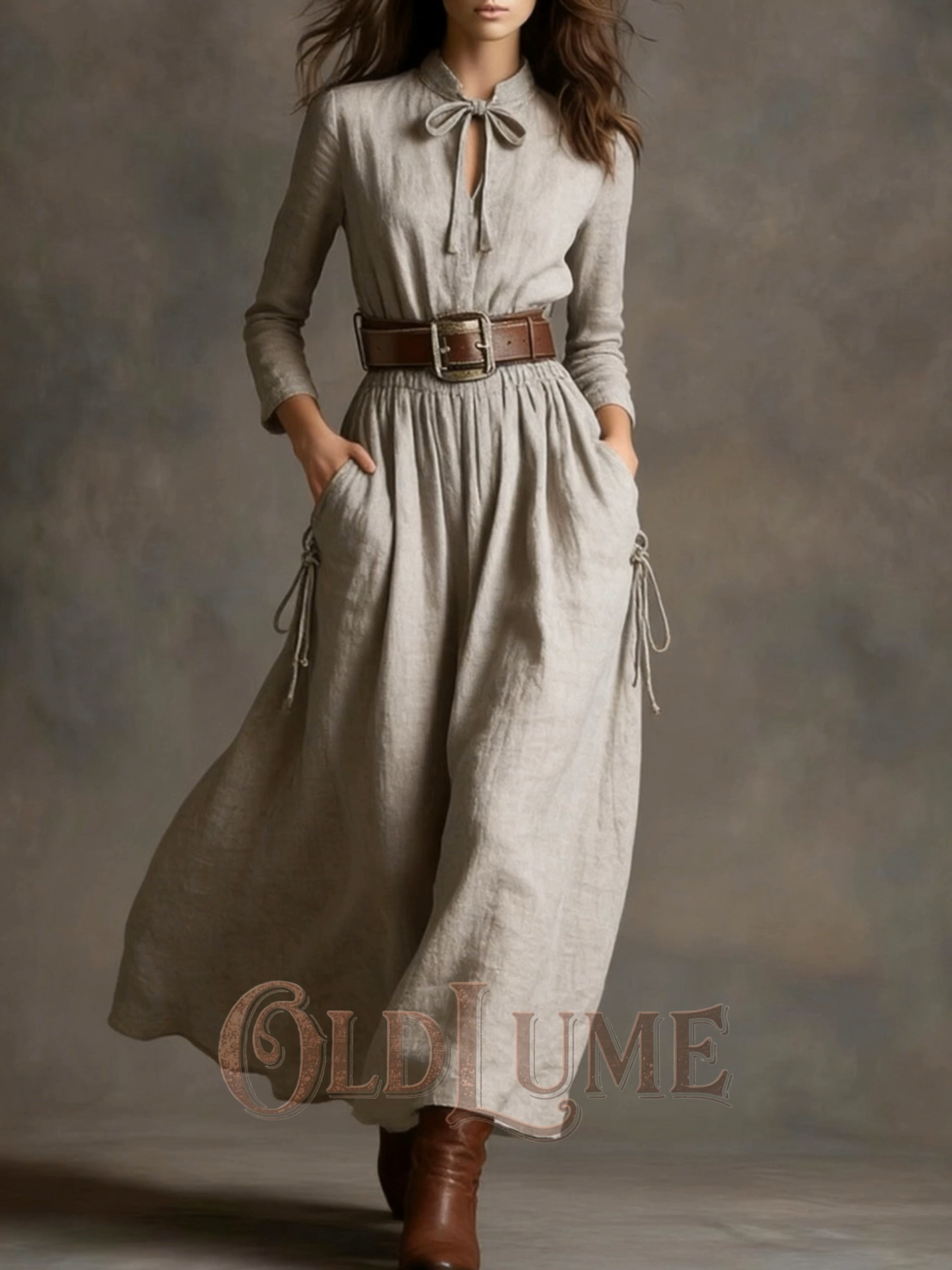 Vintage Drawstring Tie Cotton Linen Long Sleeve Maxi Dress