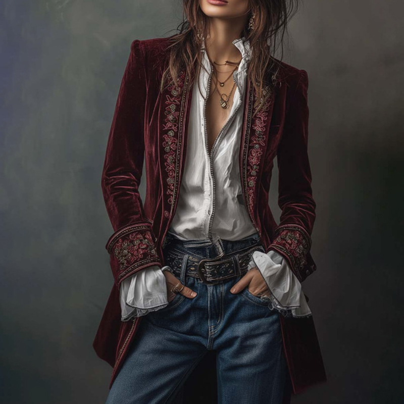 Vintage Long-sleeved Patchwork Lace Gold Velvet Jacket