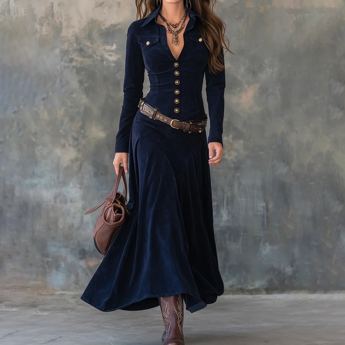 Vintage Velvet Flowy With Belt Maxi Dress