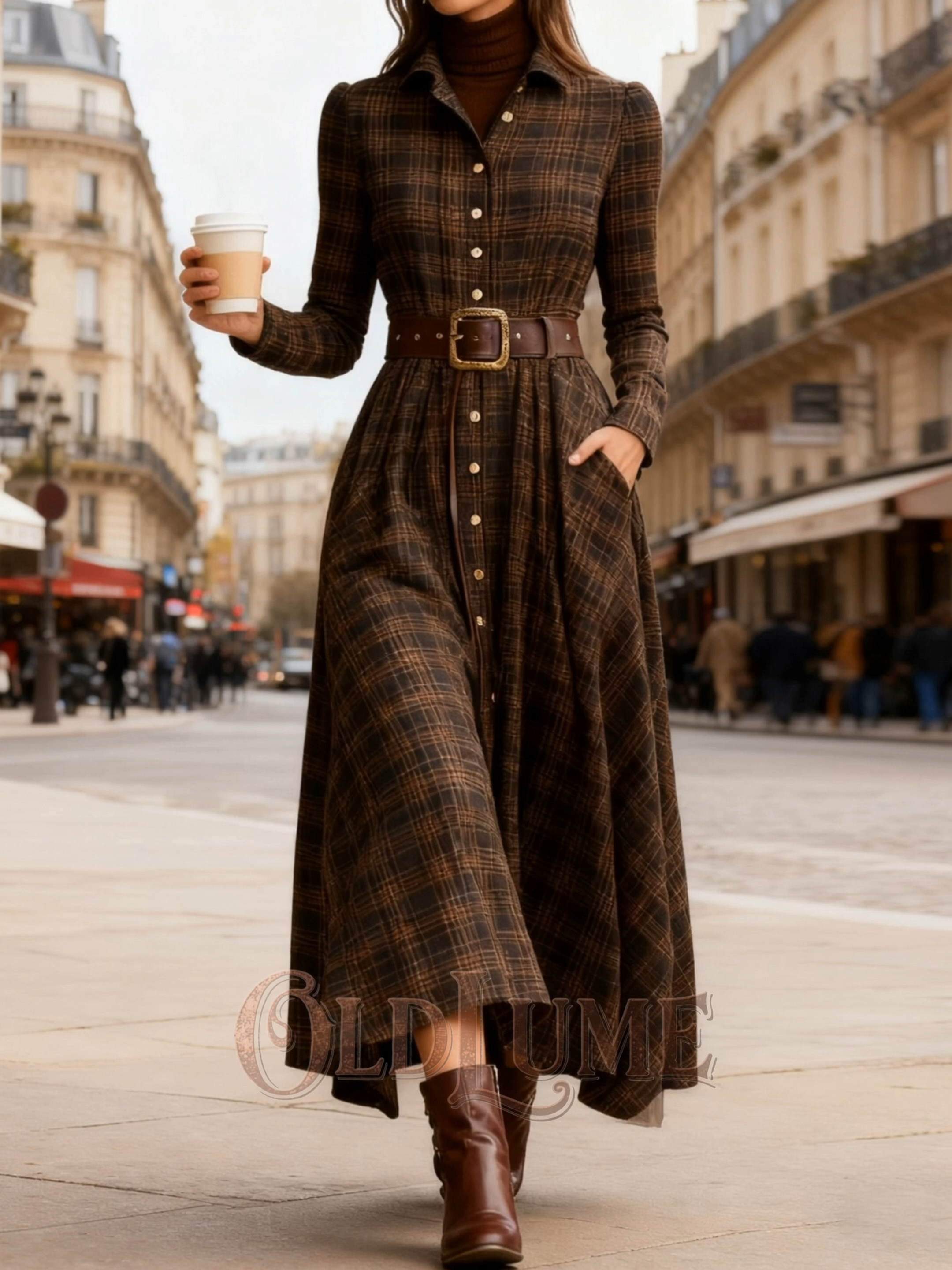 Vintage Plaid Inspired Autumn Winter Long Sleeve Button-up Shirt Maxi Dress