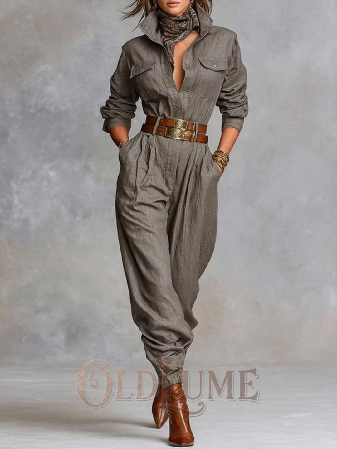 Vintage Long Sleeve Shirt Collar Pocket Jumpsuit
