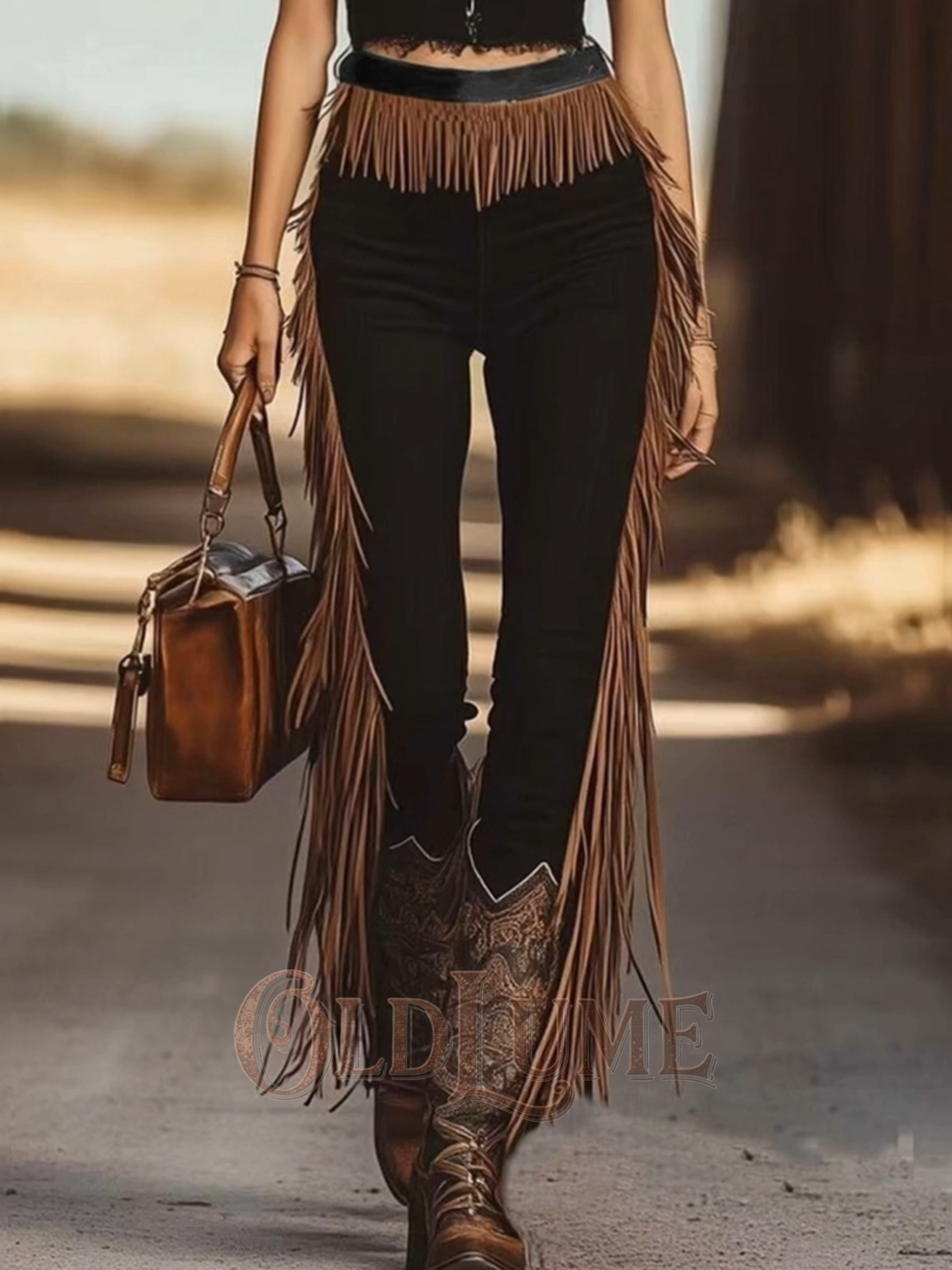Vintage Western Denim Style Tassel Solid Color Slim Fit Pants