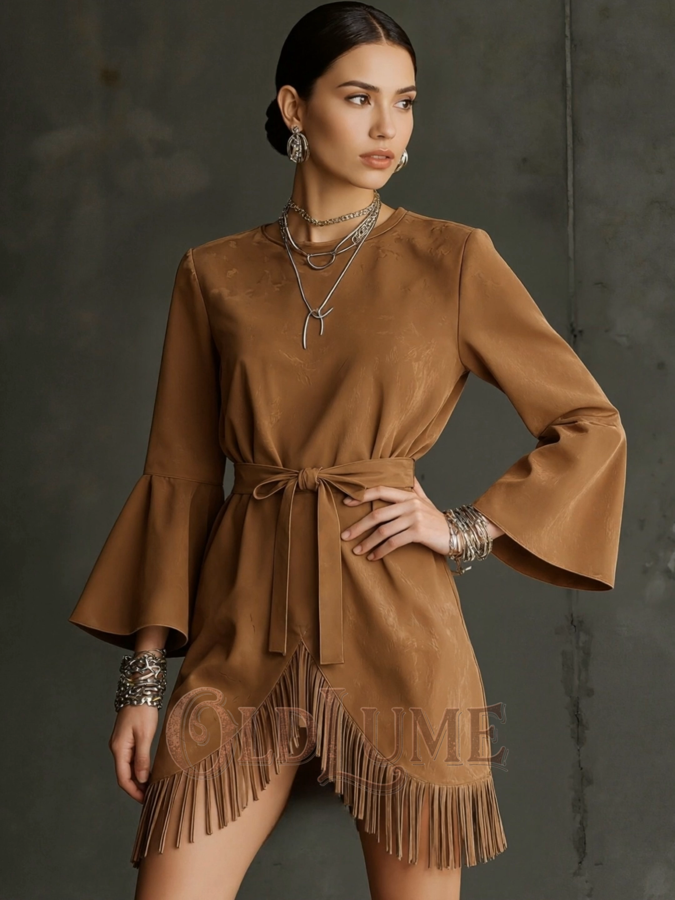 Fashion Retro Temperament Round Neck Fringe Flared Sleeve Long Sleeve Women's Dress