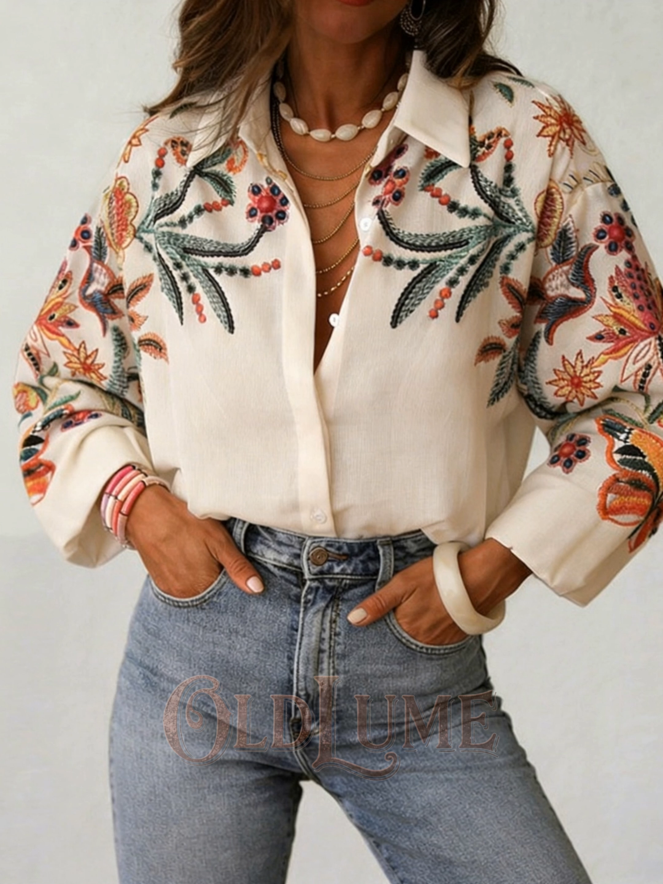 Women's Retro Floral Embroidered Collar Shirt