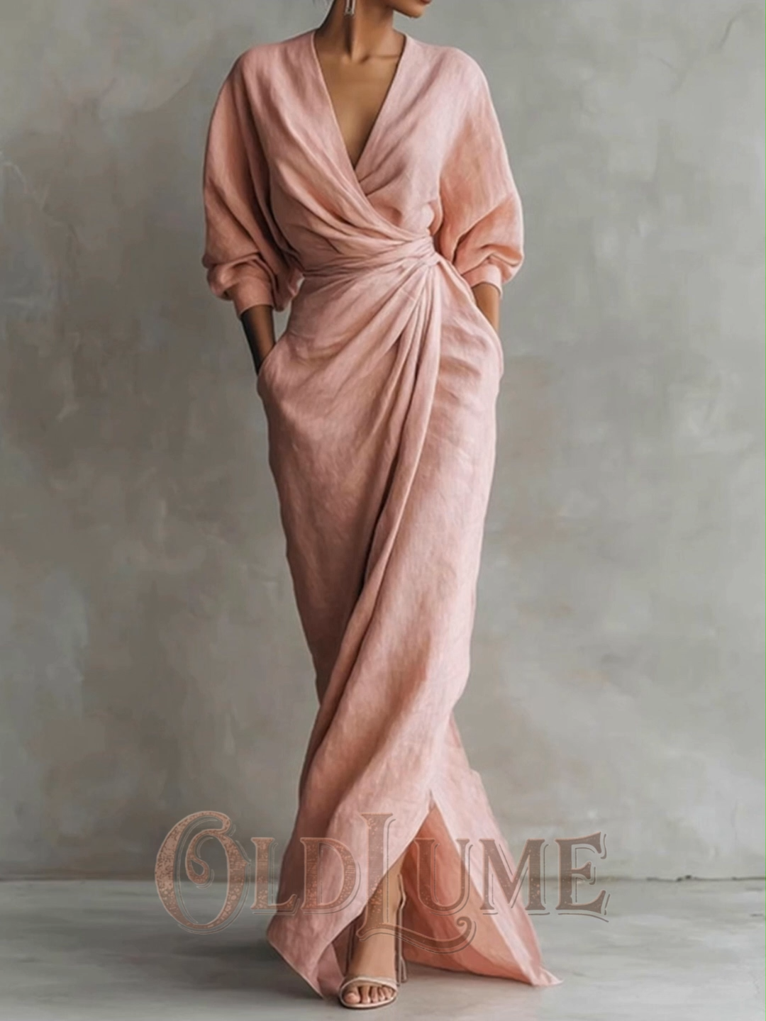 Vintage Elegant Pleated V-neck Design Cotton And Linen Dress