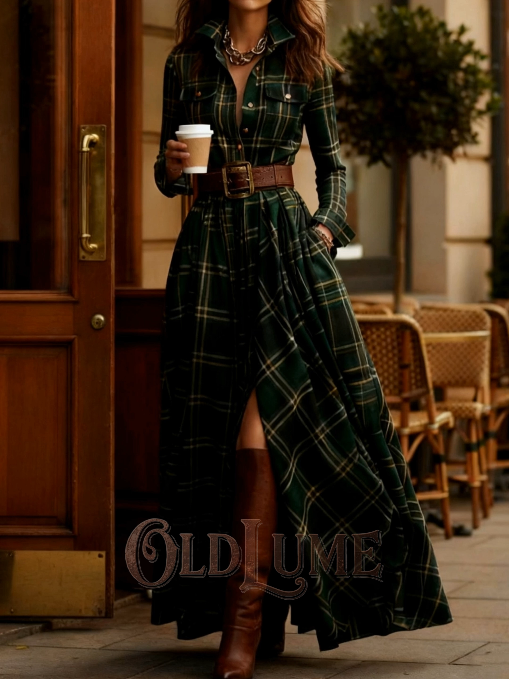 Vintage Green Plaid Inspired Belted Cottagecore Autumn Winter Long Sleeve Button-up Shirt Maxi Dress