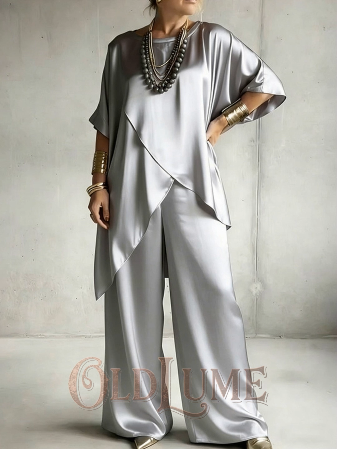 Vintage Elegant Double-layered Satin Top And Pants Two-piece Set