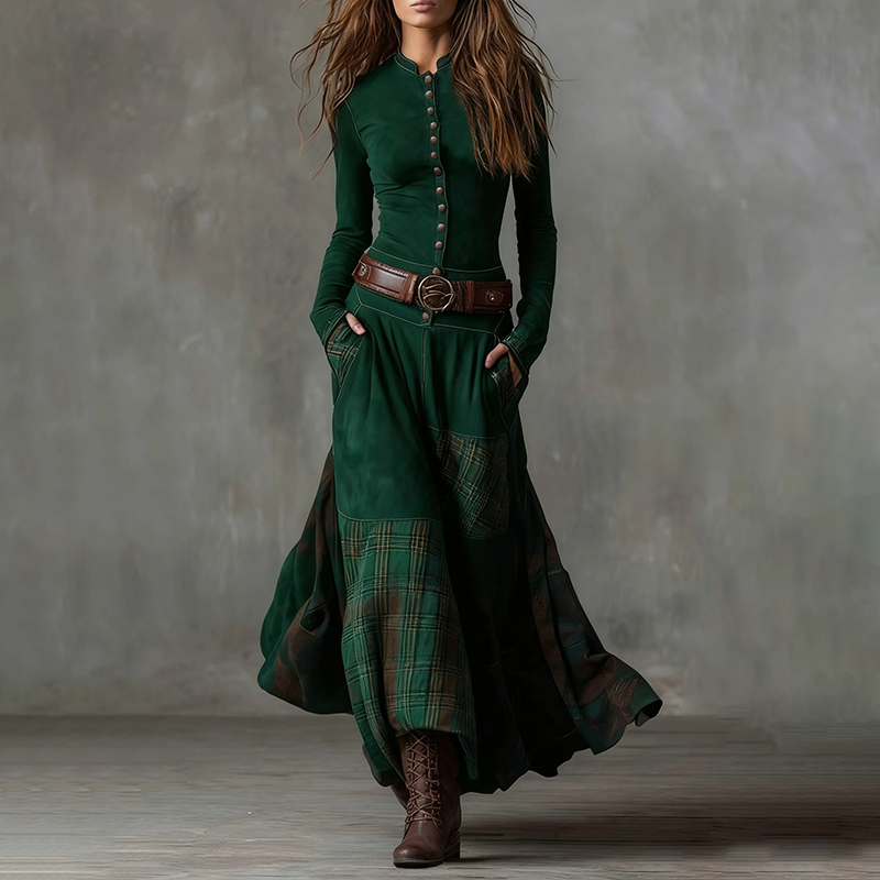 Vintage Patchwork Loose Elastic Long-sleeved Maxi Dress