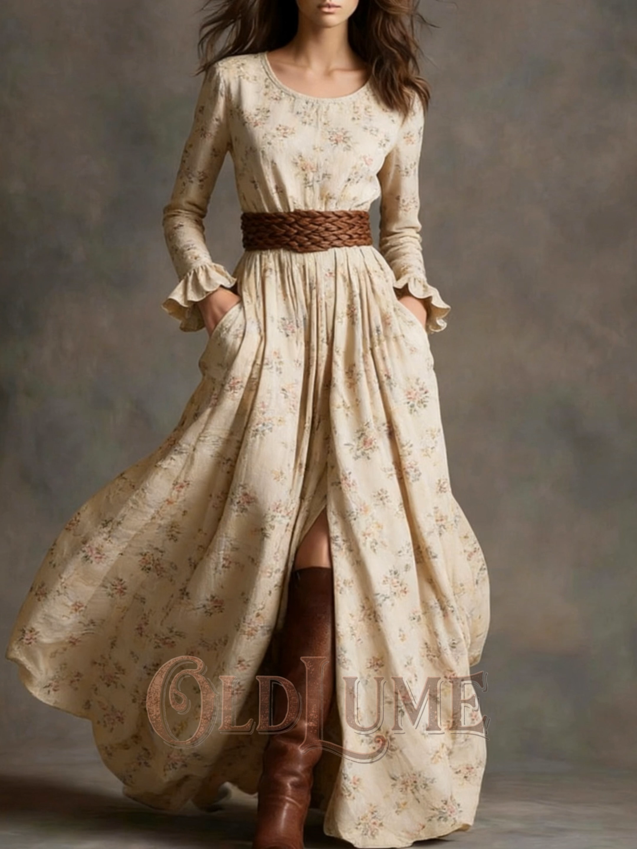 Vintage Floral Cotton And Linen Long Sleeve Maxi Dress