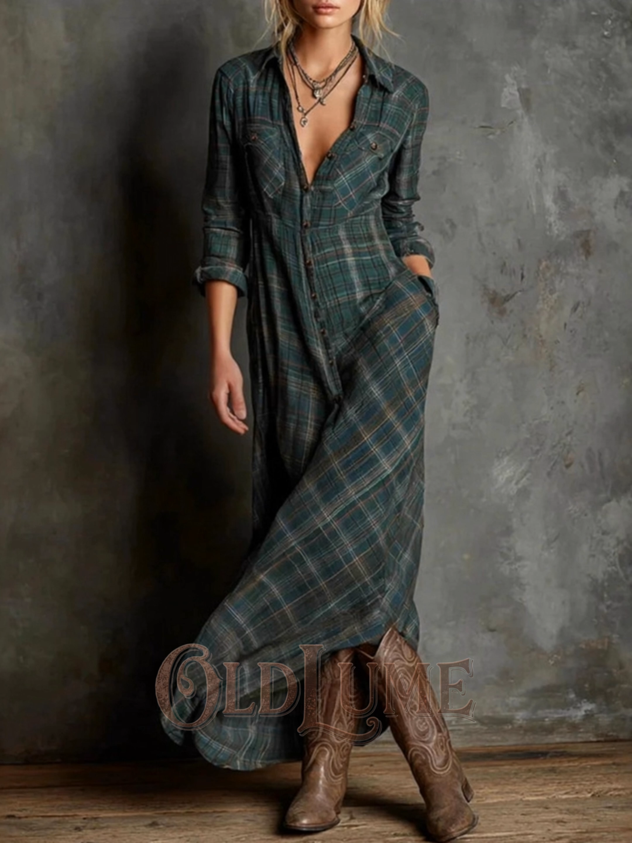 Vintage Elegant Long Sleeve Plaid Shirt Maxi Dress