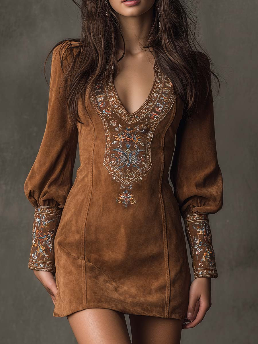 Retro V-neck Embroidered Dress