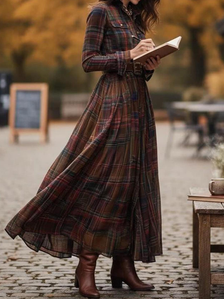 Vintage Plaid Inspired  Belted Cottagecore Autumn Winter Long Sleeve Button-up Shirt Maxi Dress