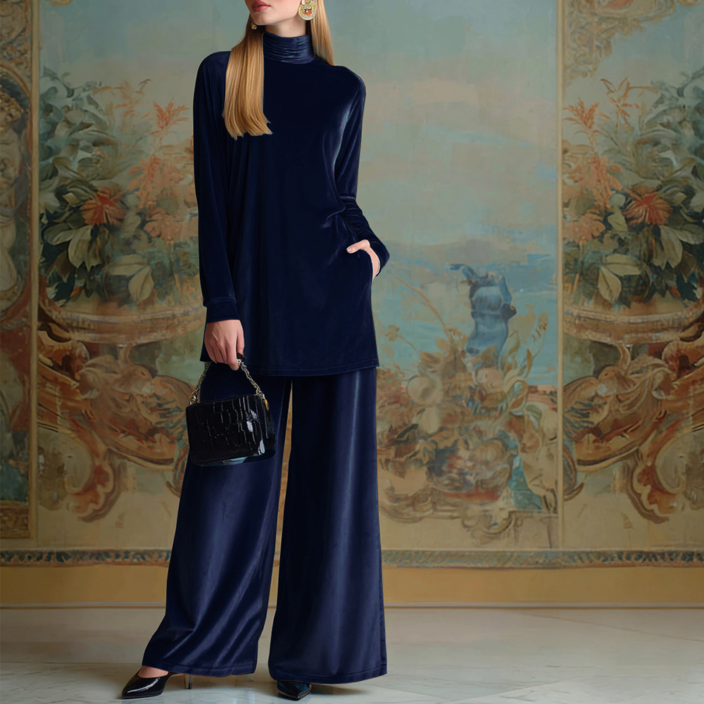 Classy Velvet Turtleneck Slit Top & Wide Leg Pants Set