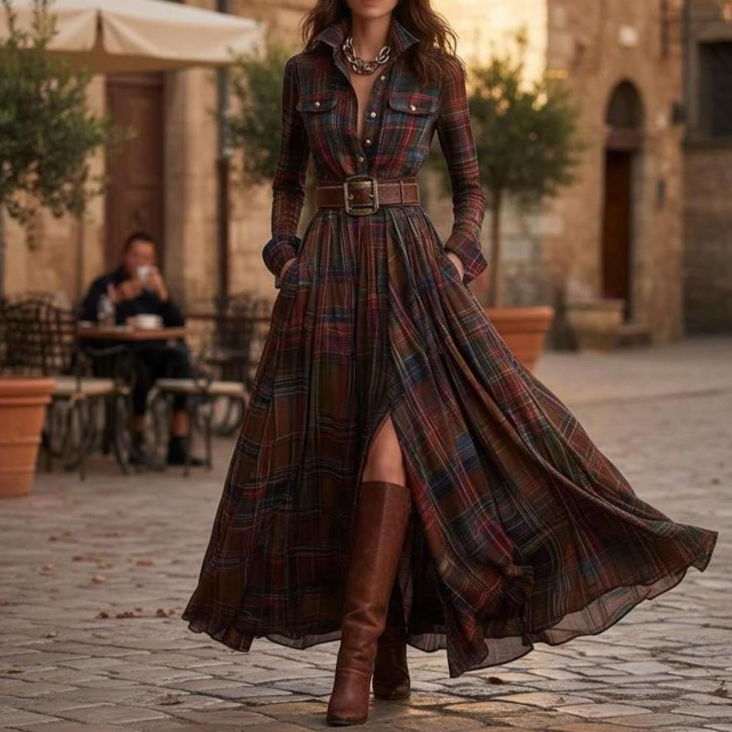 Vintage Plaid Inspired  Belted Cottagecore Autumn Winter Long Sleeve Button-up Shirt Maxi Dress
