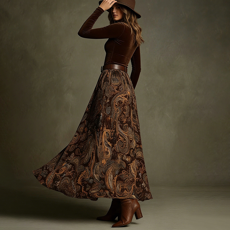 Vintage Printed Velvet Belted Maxi Dress