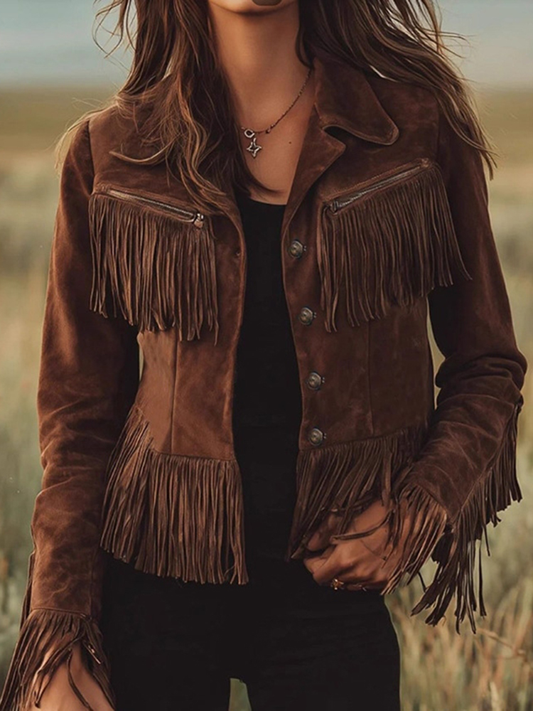 Vintage Solid Lapel Slim Fit Fringed Suede Jacket