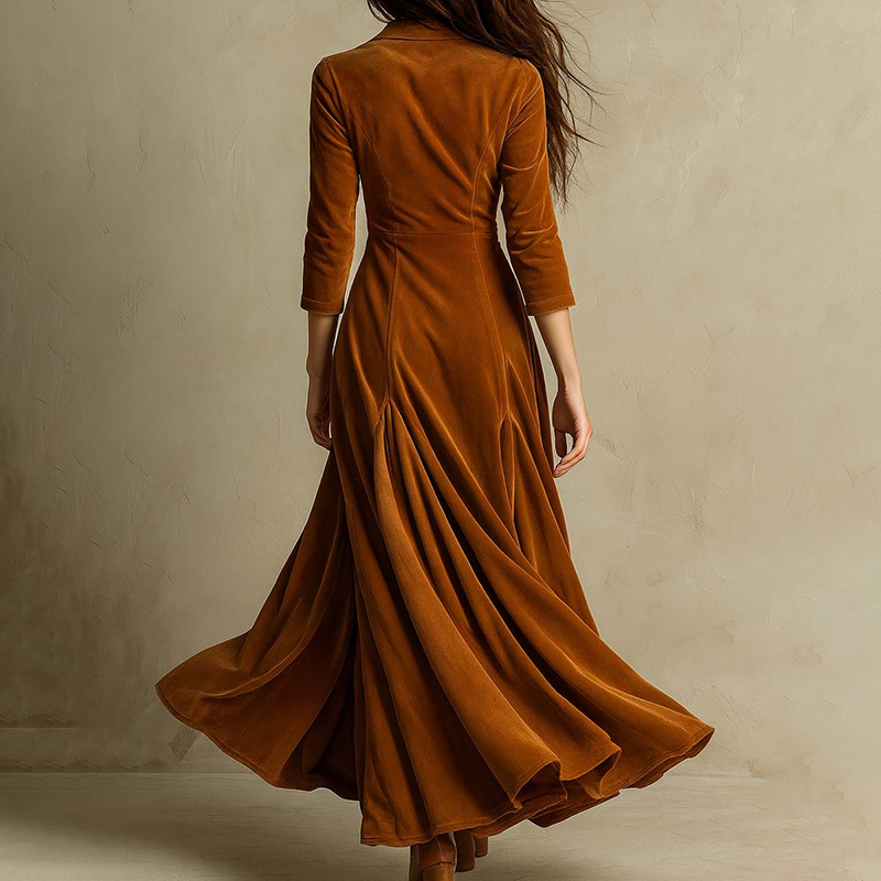 Vintage Solid Color Button Lapel Velvet Maxi Dress