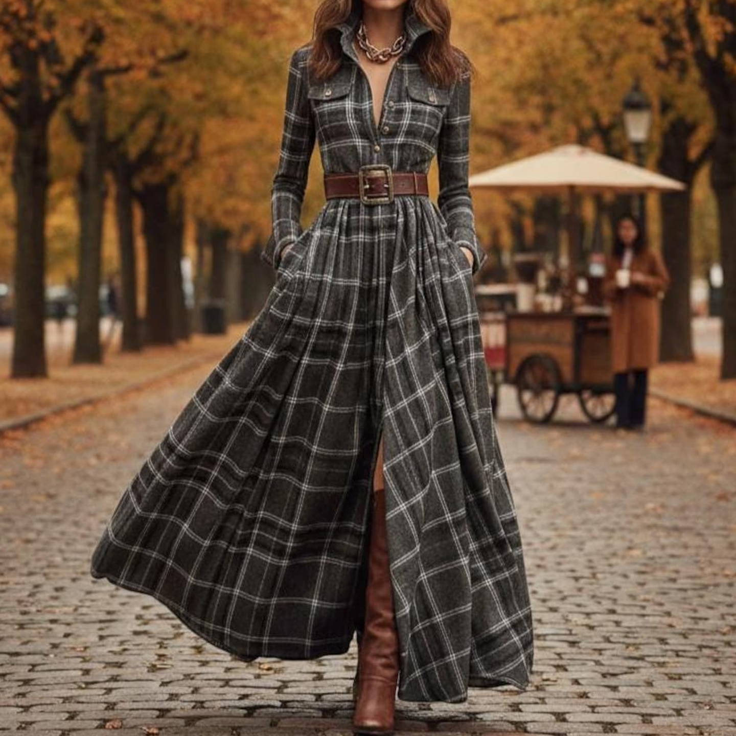 Vintage Khaki Plaid Inspired Belted Cottagecore Autumn Winter Long Sleeve Button-up Shirt Maxi Dress