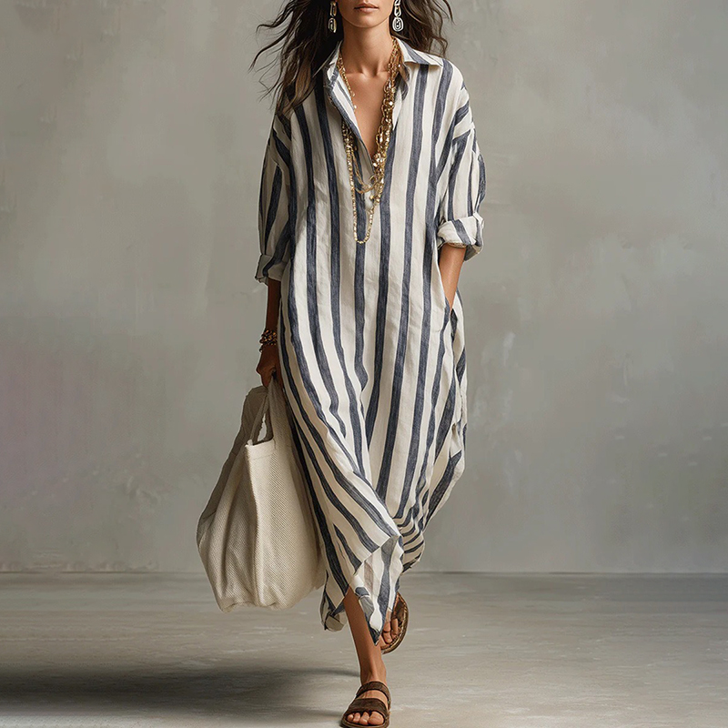 Women's Casual Striped Cotton Linen Maxi Shirt Dress