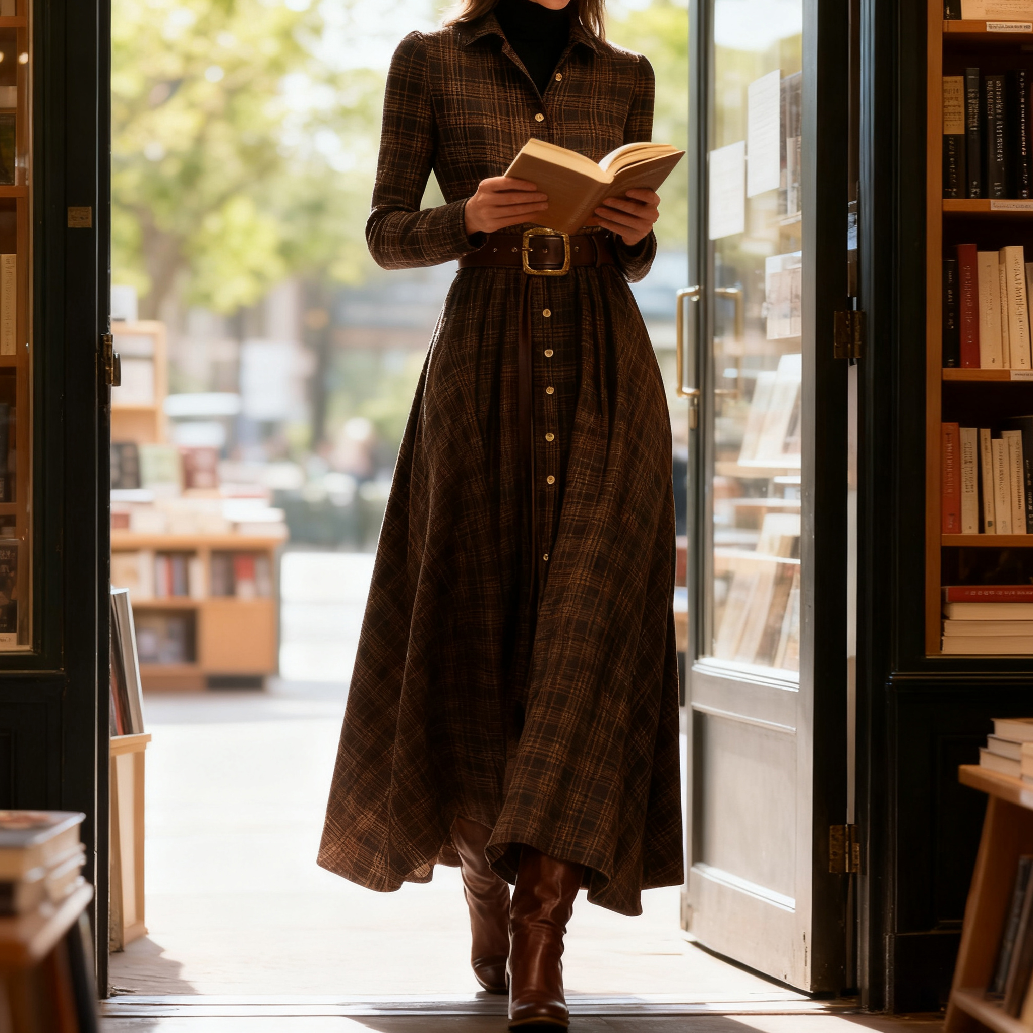 Vintage Plaid Inspired Autumn Winter Long Sleeve Button-up Shirt Maxi Dress