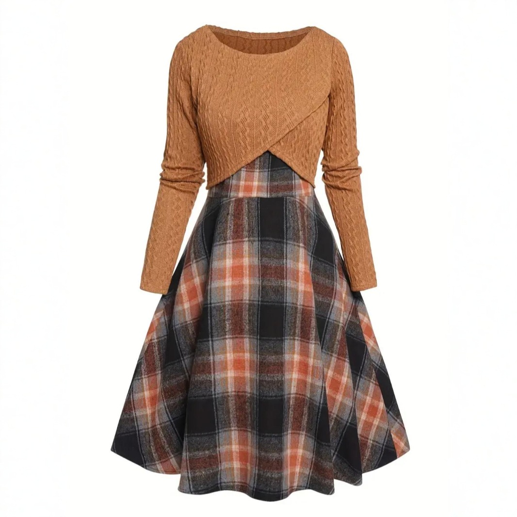 Vintage Plaid And Knit Inspired Autumn Winter Long Sleeve Two-piece Dress.