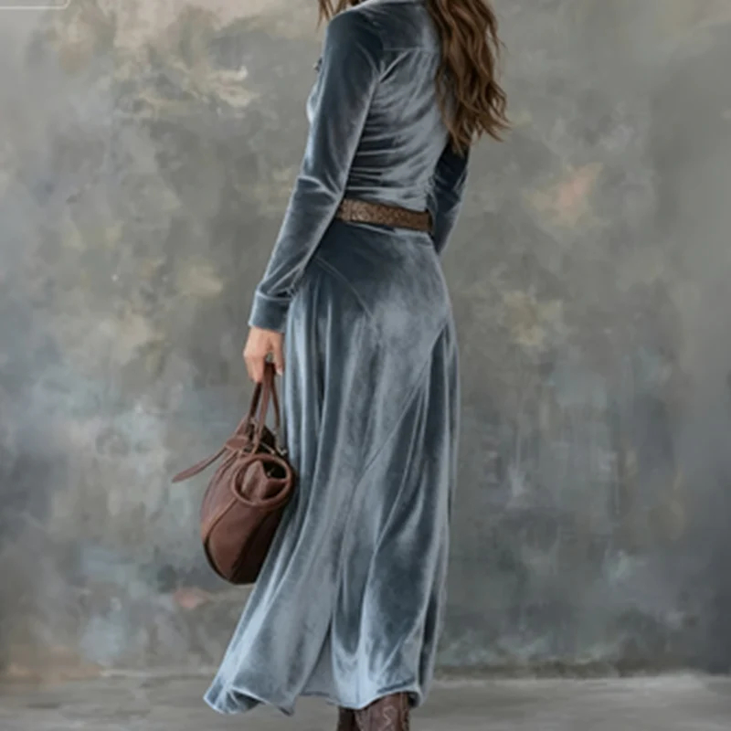 Vintage Velvet Flowy With Belt Maxi Dress