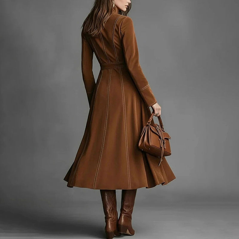 Vintage Suede Zip Waist Tie Midi Dress