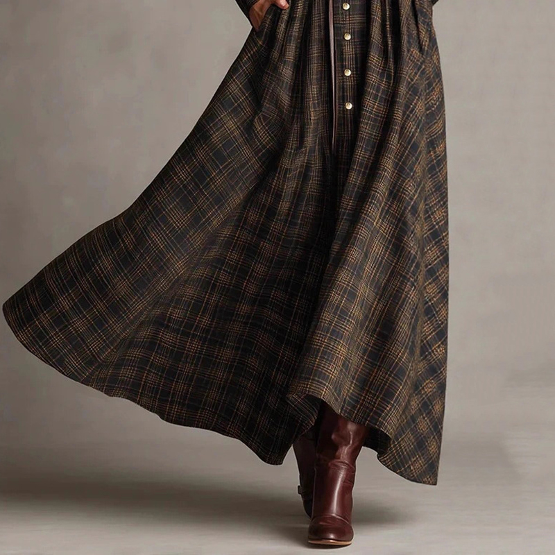 Vintage Plaid Inspired Autumn Winter Long Sleeve Button-up Shirt Maxi Dress