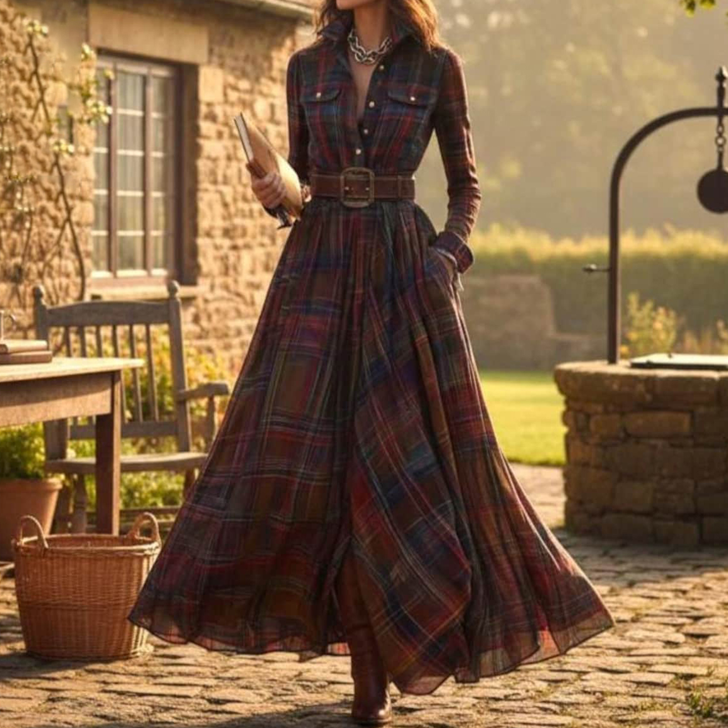 Vintage Plaid Inspired  Belted Cottagecore Autumn Winter Long Sleeve Button-up Shirt Maxi Dress