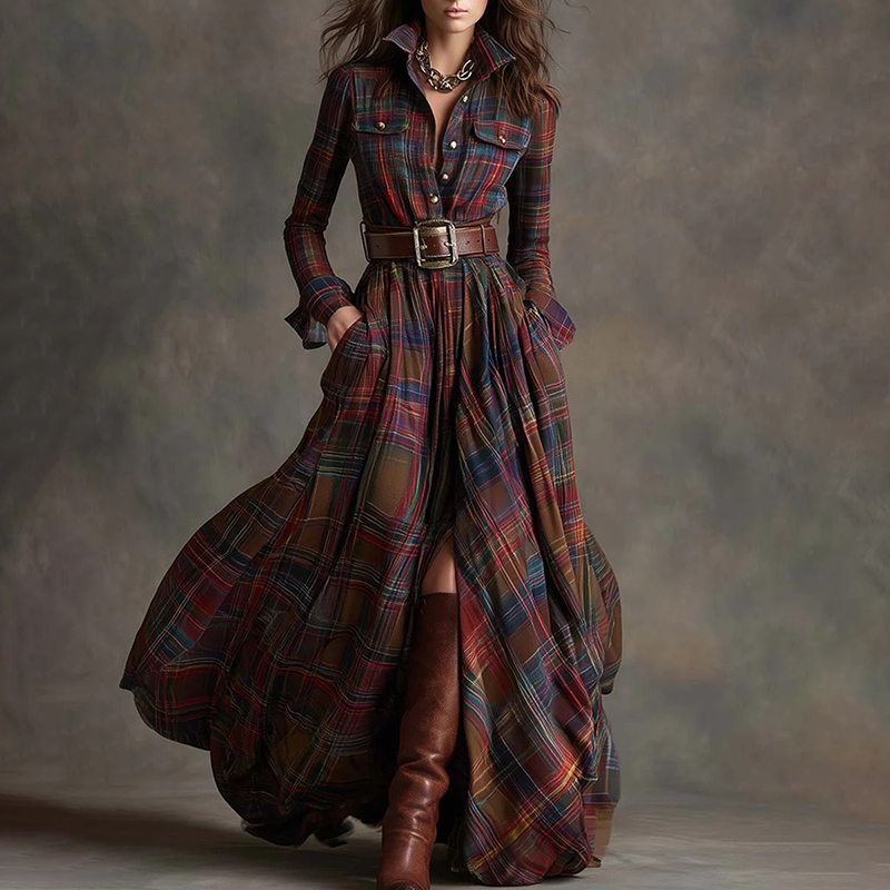 Vintage Western Plaid Pattern Shirt Dress (with Belt)