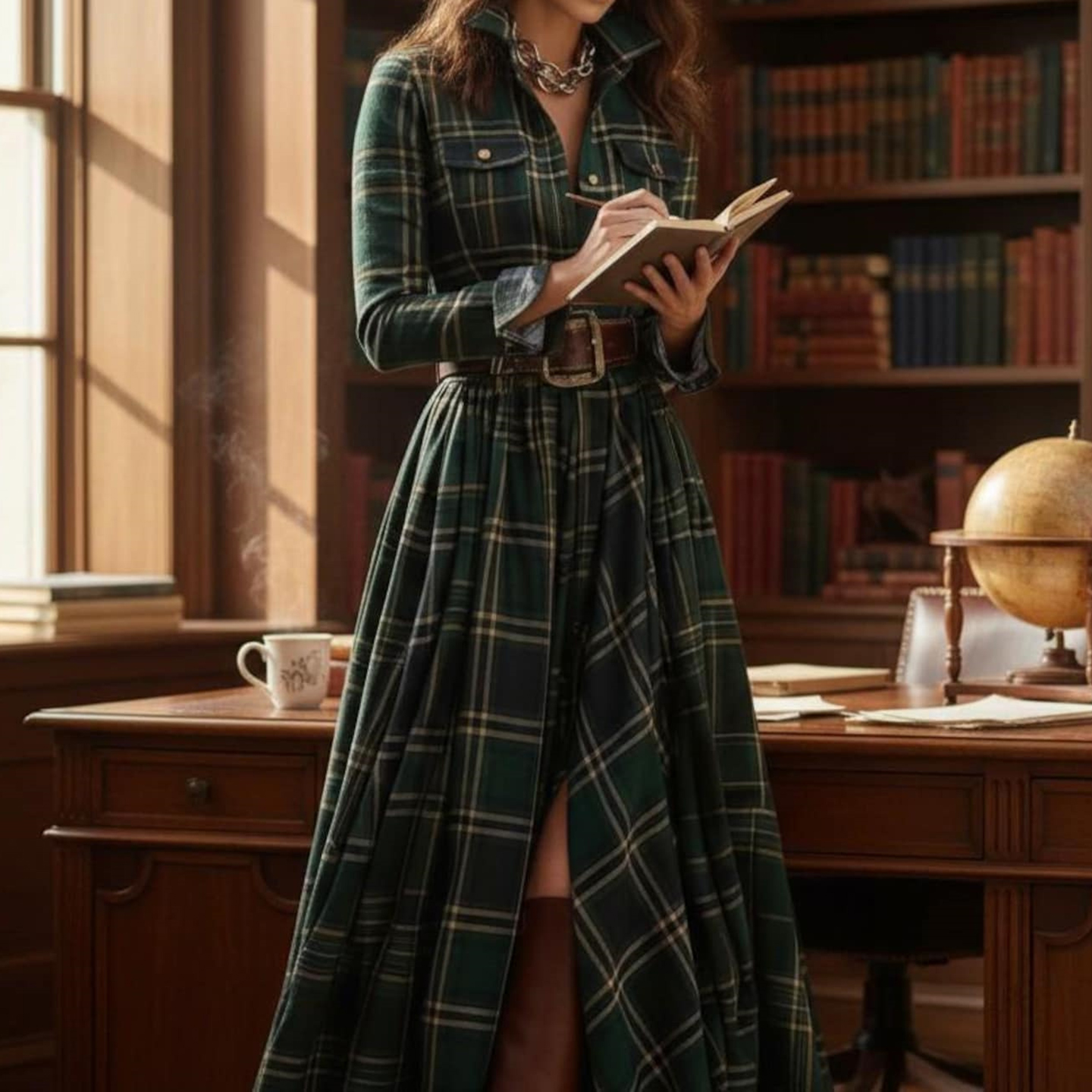 Vintage Green Plaid Inspired Belted Cottagecore Autumn Winter Long Sleeve Button-up Shirt Maxi Dress