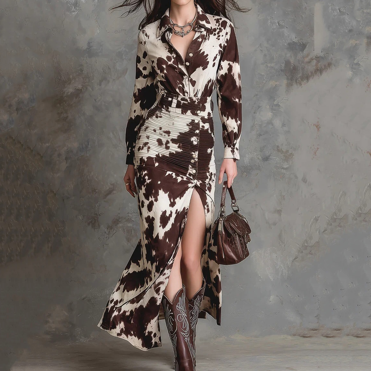 Vintage Western Cow Print Shirt Irregular Dress