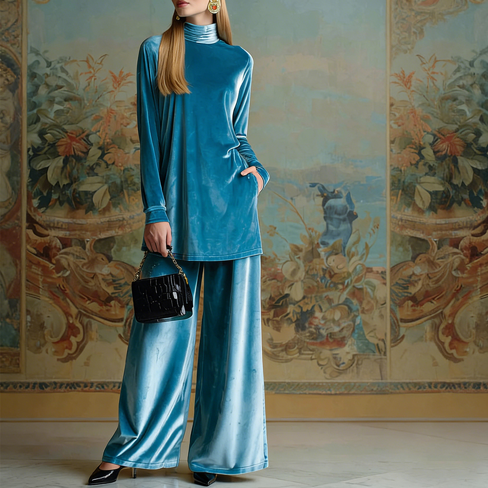 Classy Velvet Turtleneck Slit Top & Wide Leg Pants Set