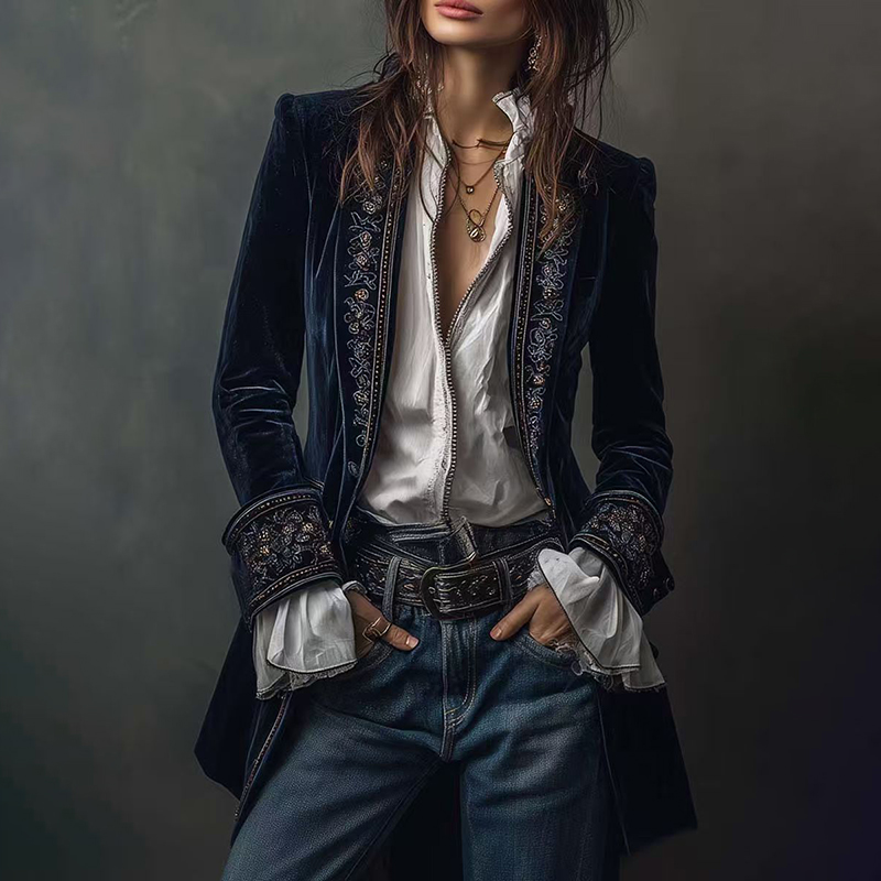 Vintage Long-sleeved Patchwork Lace Gold Velvet Jacket