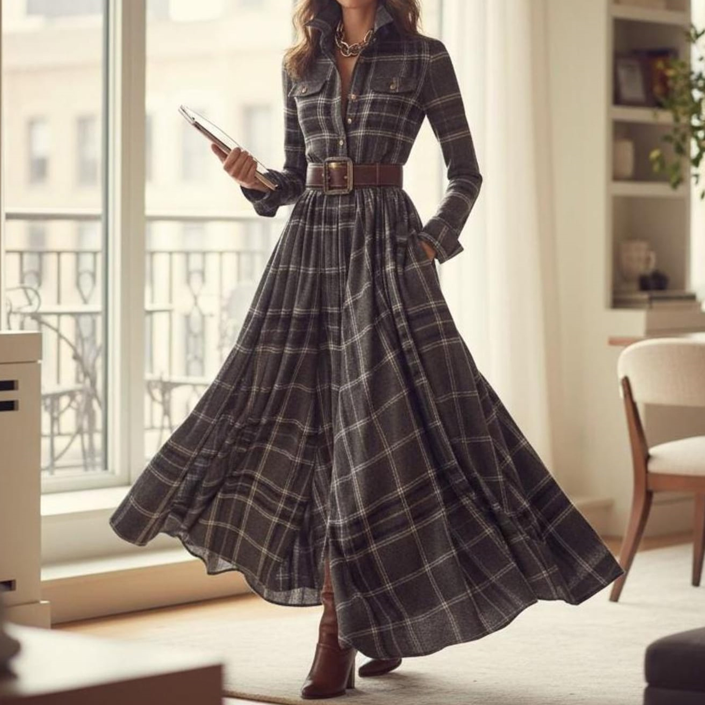 Vintage Khaki Plaid Inspired Belted Cottagecore Autumn Winter Long Sleeve Button-up Shirt Maxi Dress