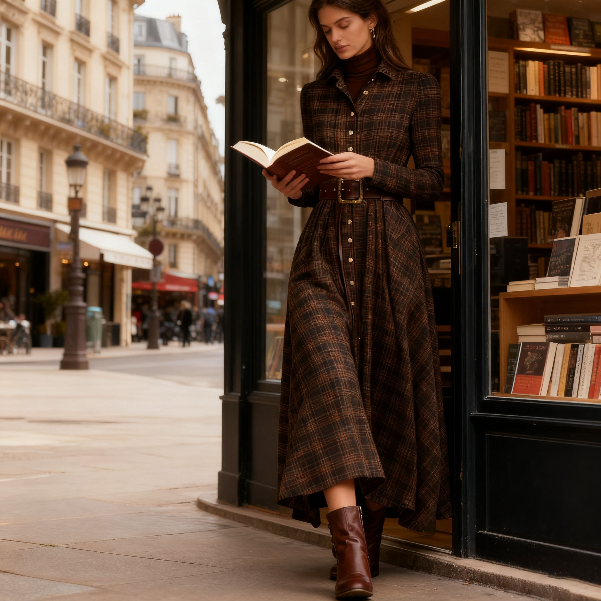 Vintage Plaid Inspired Autumn Winter Long Sleeve Button-up Shirt Maxi Dress