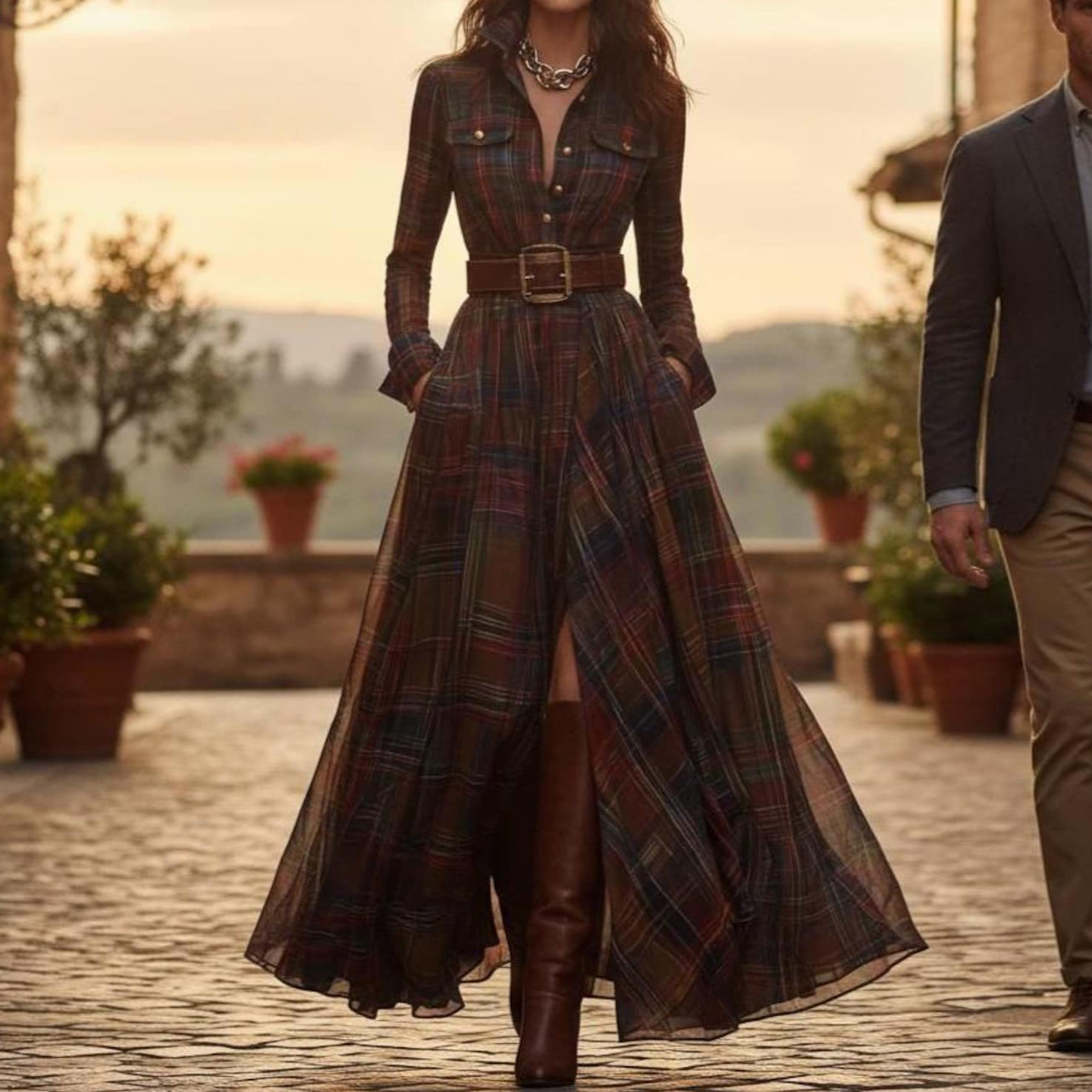 Vintage Plaid Inspired  Belted Cottagecore Autumn Winter Long Sleeve Button-up Shirt Maxi Dress